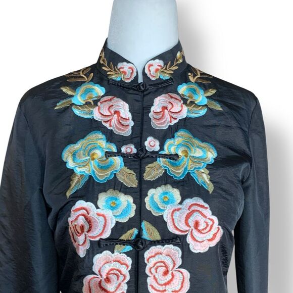 Vintage Madame Butterfly Black Tailored Embroidered Floral Mandarin Jacket 4 - Picture 3 of 8